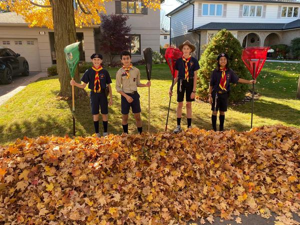 Boys raking leaves